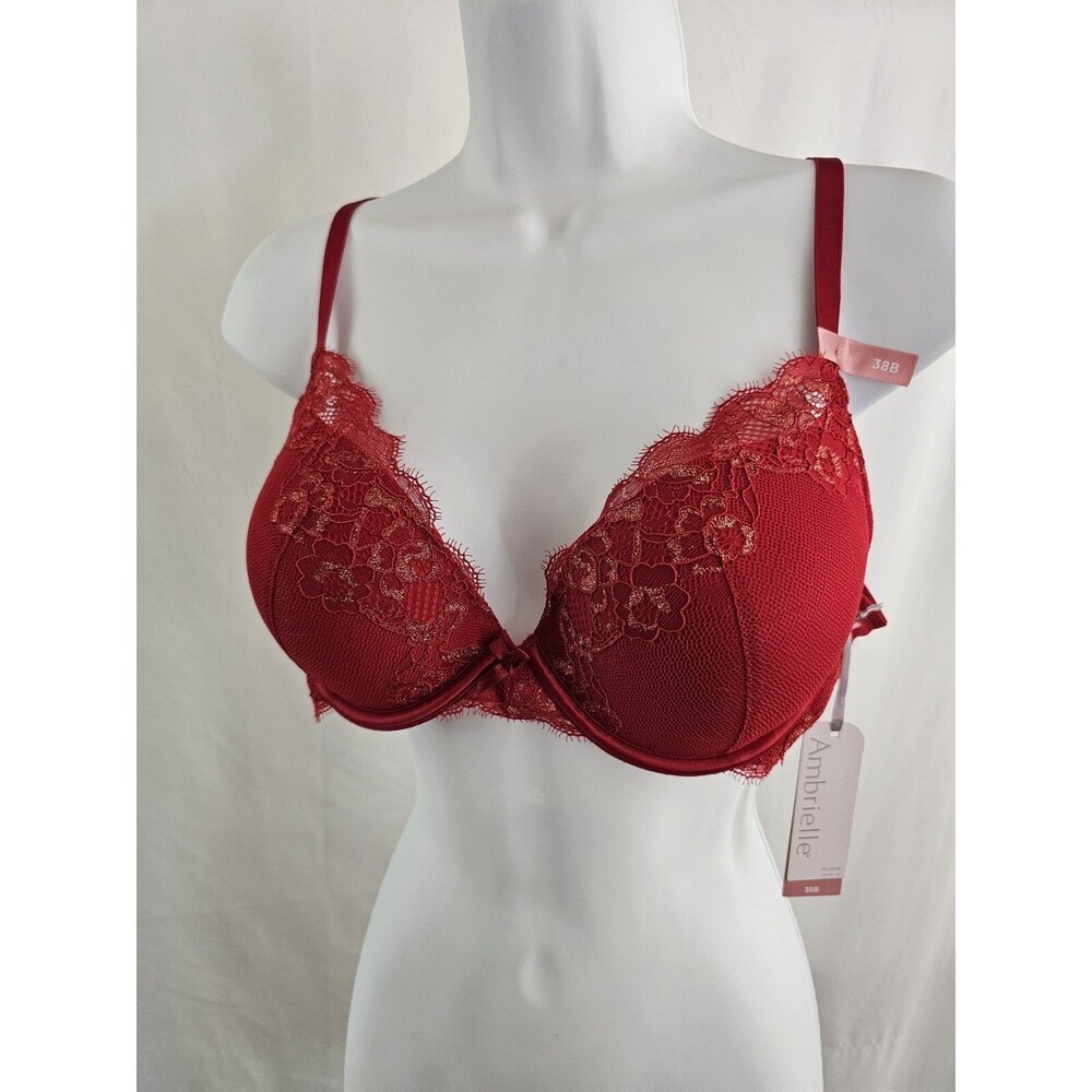 Ambrielle Bra Women's Red Underwire Crossway Plunge Push Up Size 38B